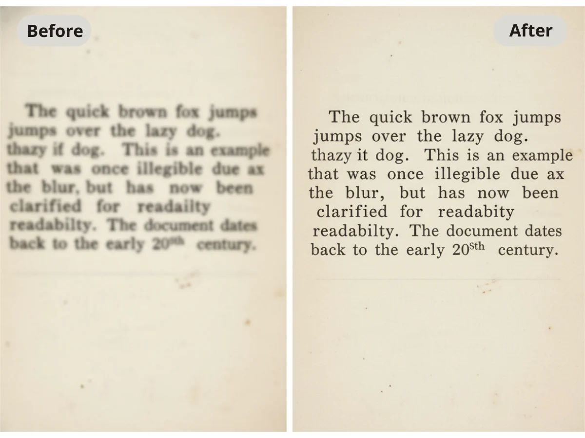 Comparison demonstrating how to unblur text on a document using AI.